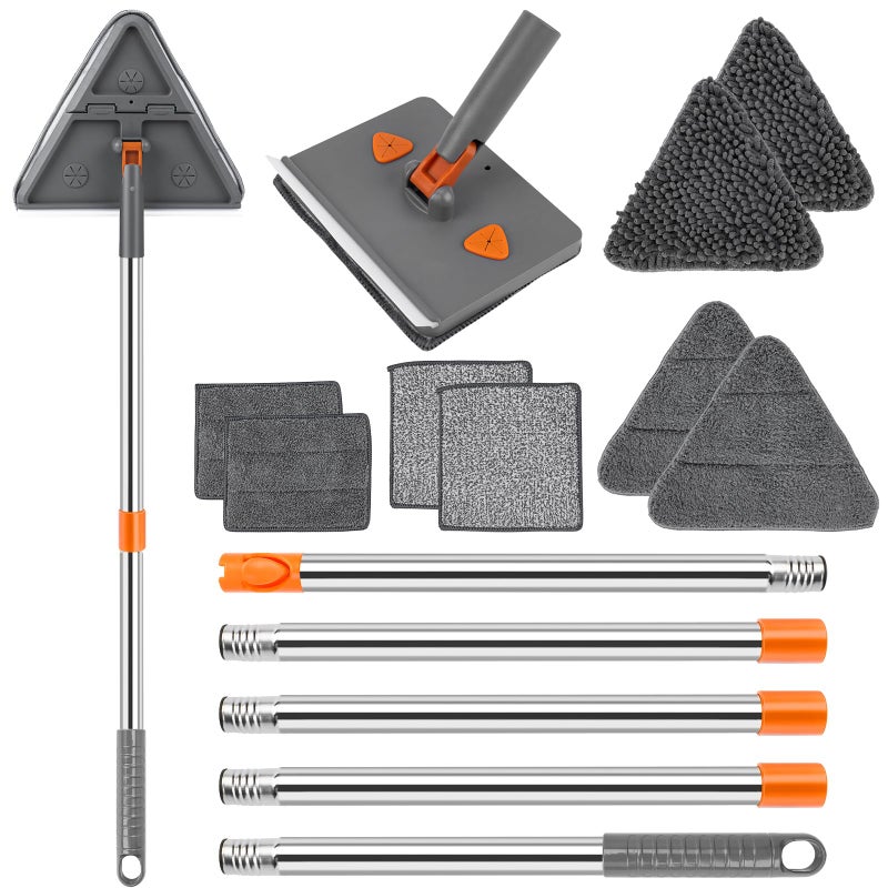 CALBEAU Baseboard Cleaner Tool with Handle Folding Wall Mop with 83 Extension Pole Swivel Wall Cleaner Mop with Squeegee 8 Reusable Pads for Baseboard Wall Ceiling Window Floor Furniture